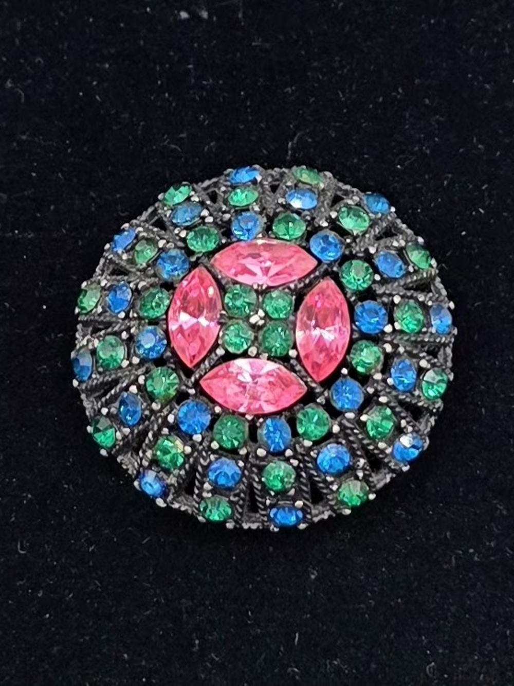 Vintage Samsan SA Brooch Blue and Green Rhinestones Black Japan Round Domed Pin